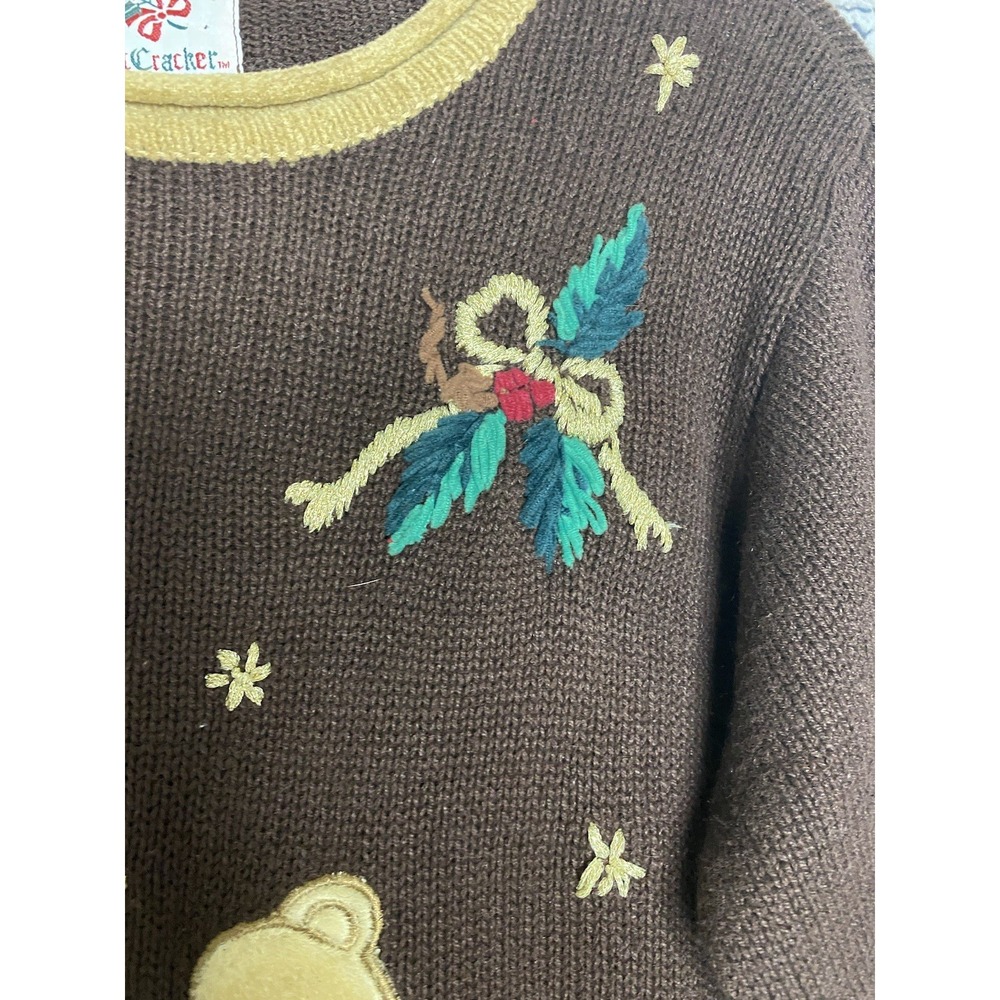 Vtg Nutcracker Brown Embroidered Ugly Christmas Tree Bear Sweater Women's LARGE - Picture 4 of 12